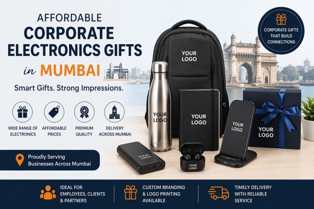 Affordable corporate electronics gifts in Mumbai with branded items like power banks, wireless earbuds, backpacks, and customized gift sets
