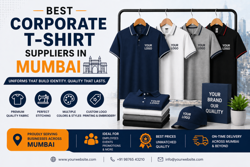 Best corporate T-shirt suppliers in Mumbai offering customized polo T-shirts with logo printing, premium fabric, and bulk supply for businesses