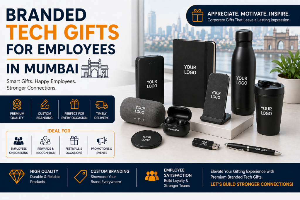 Branded tech gifts for employees in Mumbai featuring customized power banks, wireless earbuds, notebooks, bottles, and mobile accessories with logo branding for corporate gifting