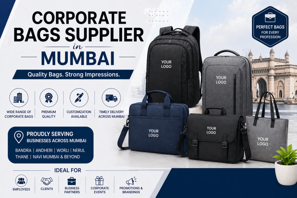 Corporate bags supplier in Mumbai offering customized backpacks, laptop bags, office bags, and tote bags with logo branding for businesses and professionals