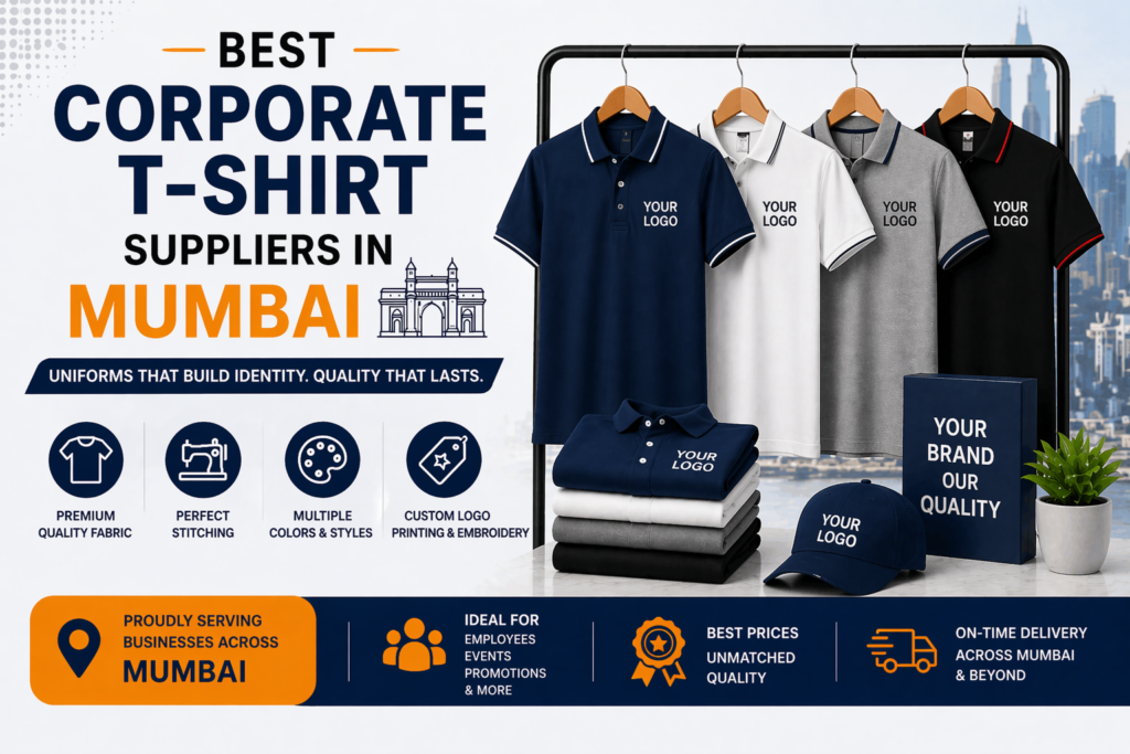 Best corporate T-shirt suppliers in Mumbai offering customized polo T-shirts with logo printing, premium fabric, multiple colors, and bulk supply for businesses and events