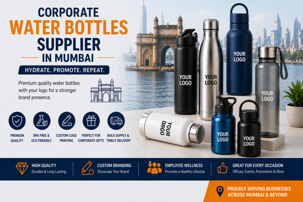 Customized corporate water bottles in Mumbai including branded metal and BPA-free bottles for promotional gifting and employee use