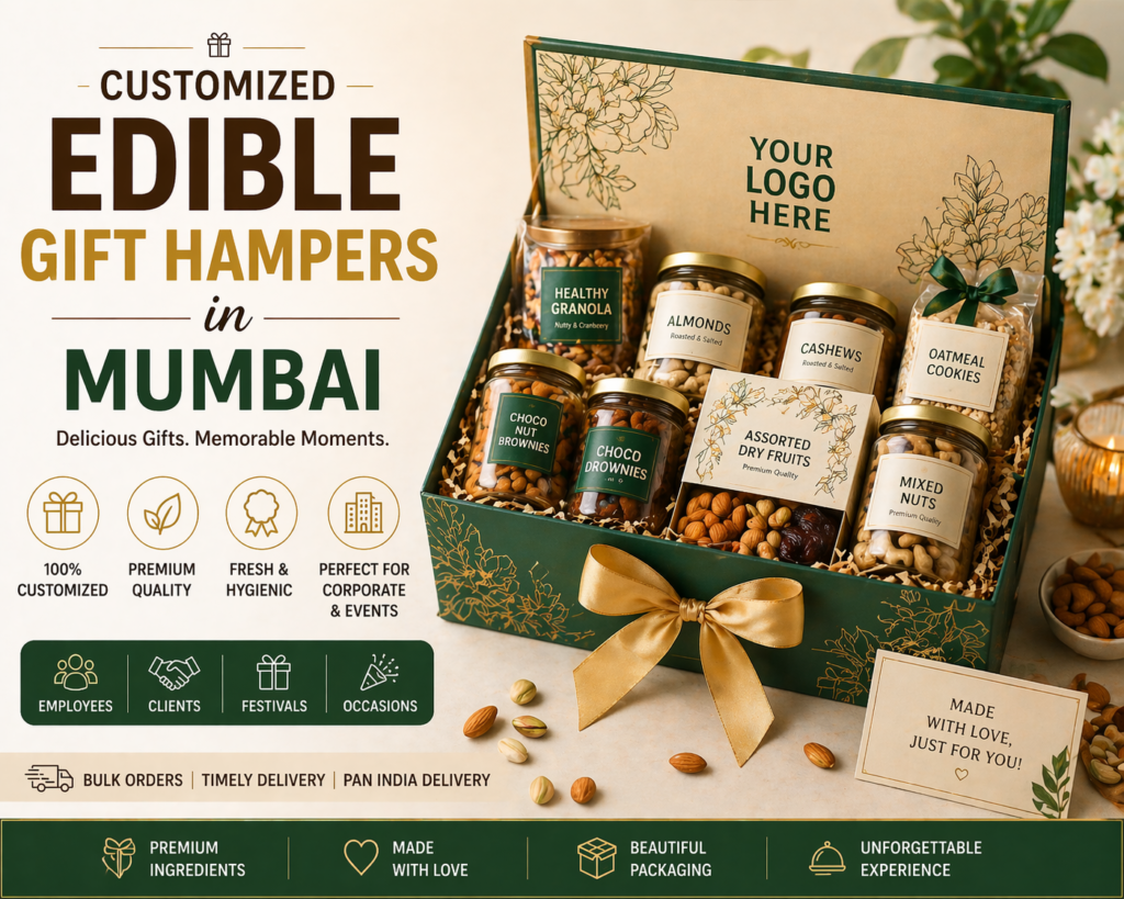 Luxury edible gift hamper in Mumbai with assorted dry fruits and snacks, ideal for corporate events and festive gifting.