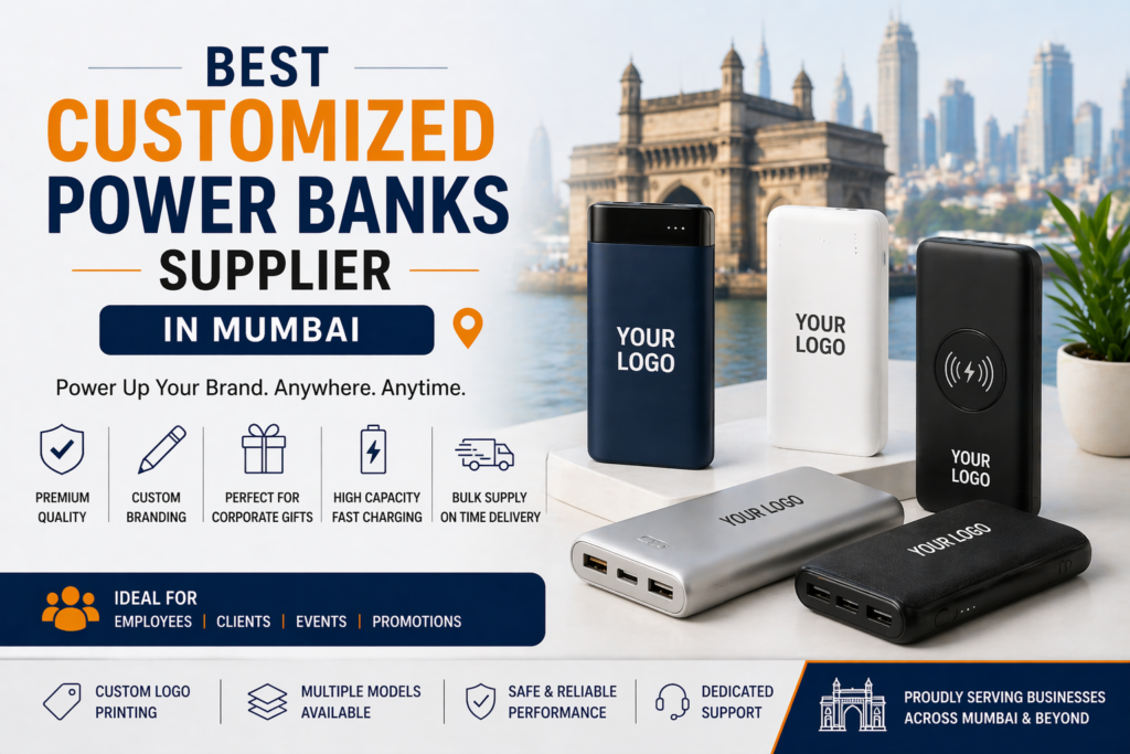 Customized power banks with logo printing for corporate gifts in Mumbai for employees and promotional events.